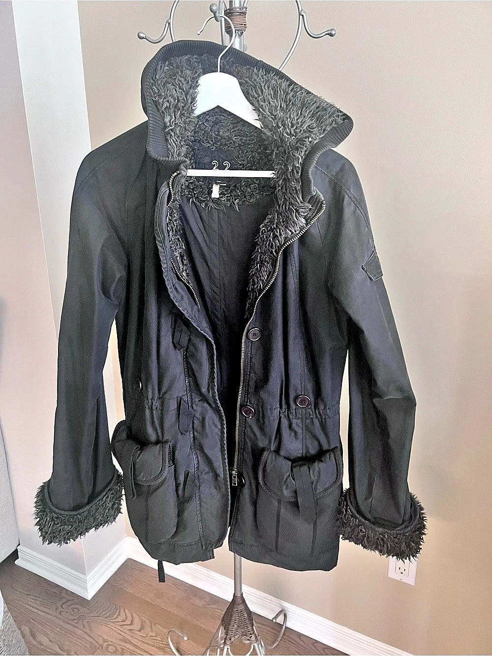 Faux Fur Trim Black Jacket Size Medium
